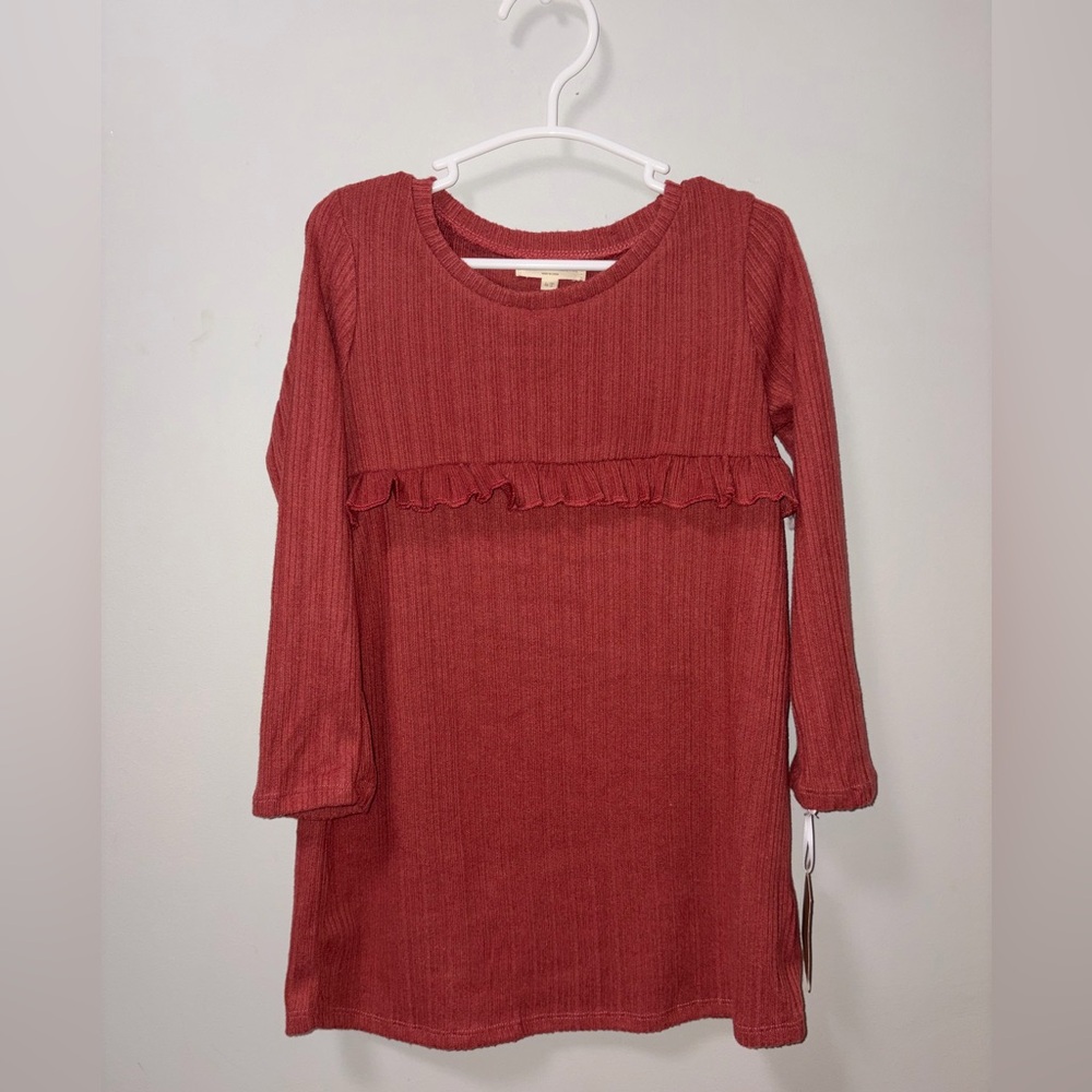 Grayson Collective Mini Burnt Orange/Red Ribbed Long Sleeve Dress NWT 4T Ruffles